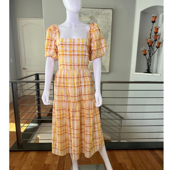 ASTR the Label Ilana Midi Dress in Orange Yellow Plaid - Picture 1 of 15